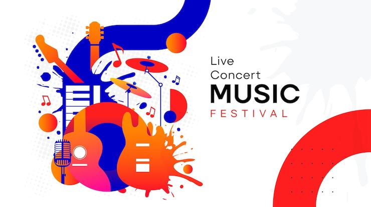 Vecteur festival de musique célébration design d'affiche de style futuriste pour concert de musique outils d'instruments