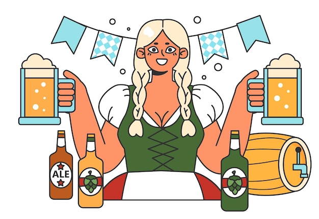 Vecteur festival de l'oktoberfest joyeux employé de pub bavarois en costume national personnage tenant un plein verre de bière avec de la mousse carnaval annuel traditionnel de la bière en allemagne illustration vectorielle plate