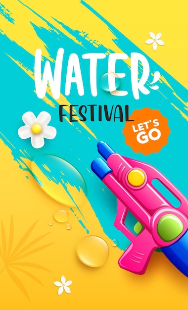 Festival des pistolets à eau de songkran thaïlande goutte d'eau et conception d'affiche de flyer de fleur sur jaune et bleu