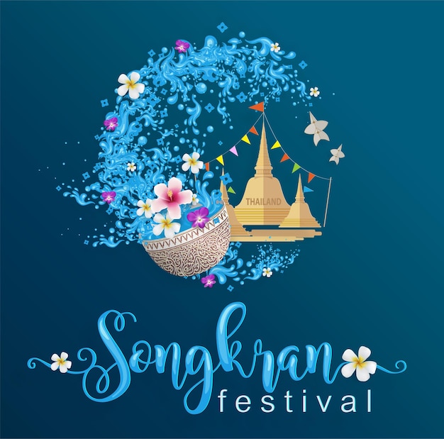 Festival De Songkran, Concept De Voyage En Thaïlande - Les Plus Beaux Endroits à Visiter En Thaïlande Dans Un Style Plat. ( Traduction Thaï : Songkran )