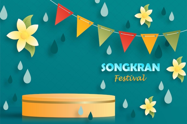 Festival de Songkran en Thaïlande, le festival de l'eau du nouvel an thaïlandais sur papier découpé style art et artisanat avec fond de couleur pour carte de voeux, flyers, affiche