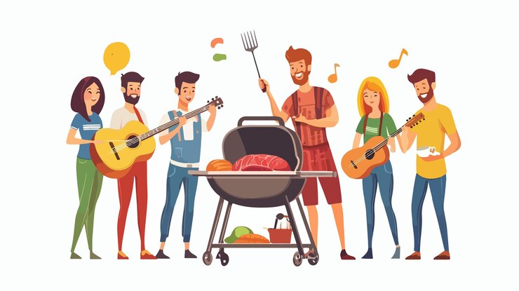 Vecteur une fête de barbecue d'été avec des hommes et des femmes jouant de la guitare