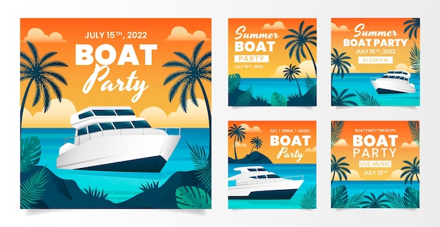 Vecteur fête en bateau dégradé avec des publications instagram de palmiers