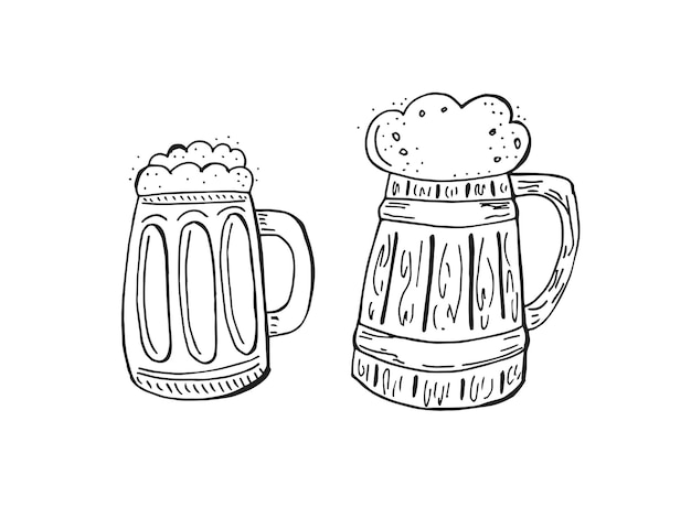 Fête De La Bière Oktoberfest 2022 Ensemble Dessiné à La Main D'éléments Doodle Fête Traditionnelle Allemande Contour D'une Chope De Bière En Bois Sur Fond Blanc