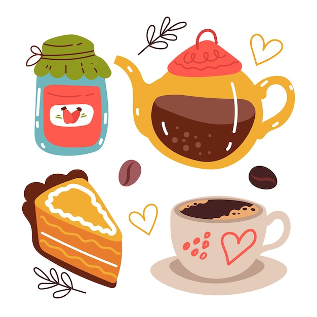 Fête du thé et du café avec une douce paix de la collection de jeu d'éléments de conception isolés de tarte