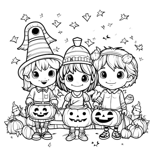 Fête d'Halloween pour les enfants page de coloriage noir et blanc pour les enfants et les adultes dessin au trait style de dessin animé simple heureux mignon et drôle