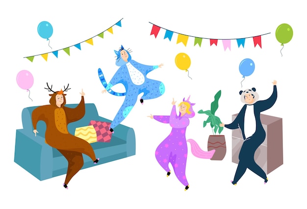 Fête en illustration vectorielle kigurumi plat homme femme personnage en costume d'animal de pyjama drôle jeunes amis sautent danse à la maison