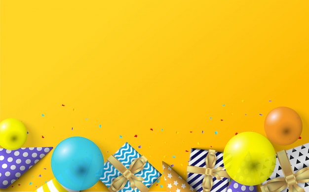 fête avec des illustrations de ballons, chapeaux d'anniversaire et coffrets cadeaux.