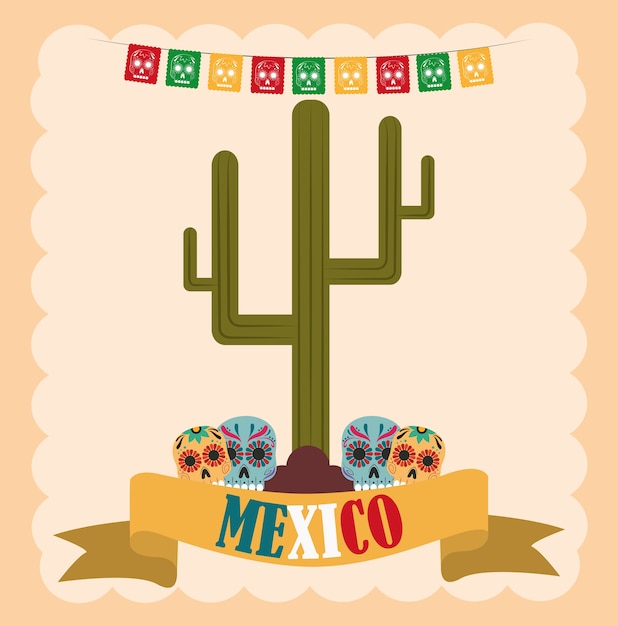 Fête de l'indépendance mexicaine, crânes catrina et dessin animé de cactus, célébrée en septembre illustration