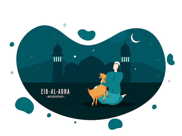 Vecteur fête islamique d'eid aladha mubarak illustration d'un homme musulman de dessin animé tenant une chèvre avec une silhouette de mosquée et un croissant de lune sur un fond abstrait de teal sombre