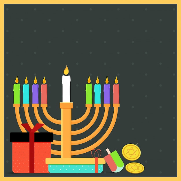 Fête Juive Hanoukka Avec Menorah (candélabre Traditionnel), Beignet Et Dreidel En Bois (toupie), Pièces De Monnaie Et Coffrets Cadeaux.