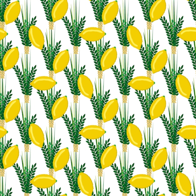 Fête Juive De Souccot Modèle Sans Couture Traditionnel Judaïsme Fond Religion Festival Agrumes Saule Illustration Vectorielle. Culture De Fruits De Fête De Succot De Citron De Feuille De Citronnier.