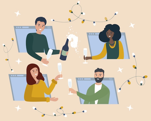 Fête En Ligne Les Amis Boivent Du Vin S'amusent Dans Le Chat Vidéo