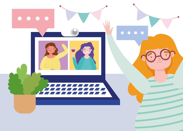 Fête En Ligne, Anniversaire Ou Réunion D'amis, Femmes Heureuses Amis Célébrant La Technologie De Webcam Pour Ordinateur Portable