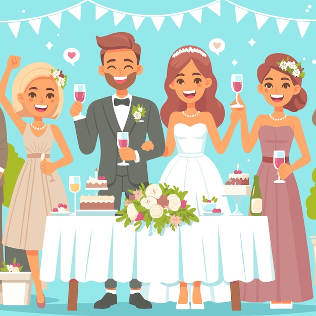 Une fête de mariage avec un homme et une femme dans une robe de mariée et un homme dans un costume