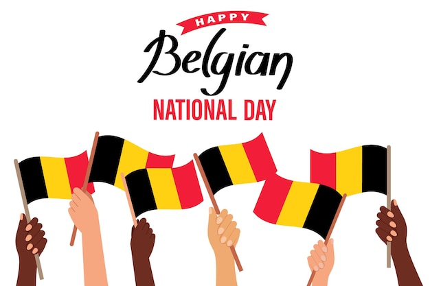 Fête nationale belge Mains avec des drapeaux belges Bannière de la fête de l'indépendance belge Illustration