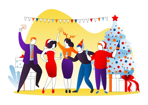 Vecteur fête de noël vector illustration dessin animé heureux gens homme femme personnage à vacances entreprise