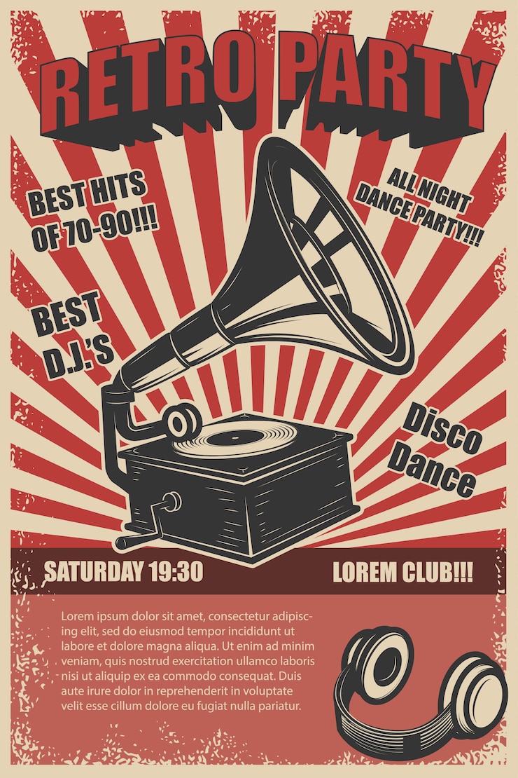 Vecteur fête rétro. gramophone vintage sur fond grunge. éléments pour affiche. illustration
