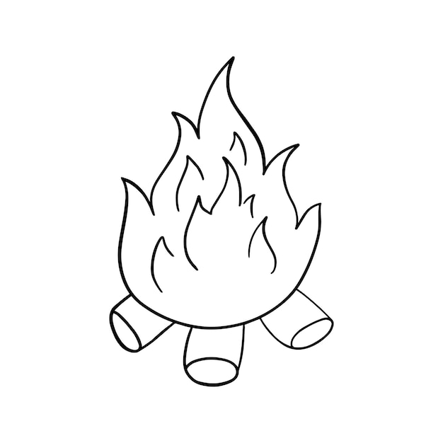 Vecteur feu avec des bûches brûlant flamme feu de joie doodle livre de coloriage de dessin animé linéaire