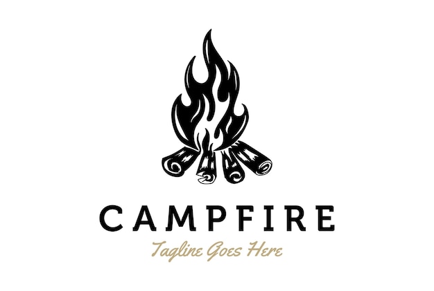 Feu de camp de feu de camp rétro vintage ou vecteur de conception de logo de flamme de feu de bois