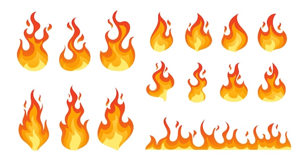 Feu de camp Flamme isolée Flamme brûlant Feu de joie Flare brillant brillant avec de longues langues ondulantes Éléments de design décoratif Allumage Langues de feu Dessin animé Vector Illustration Icons Set