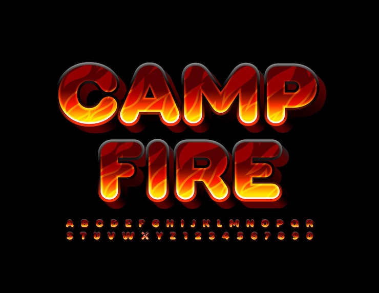 Vecteur feu de camp avec jeu de polices texturées enflammées de lettres et de chiffres de l'alphabet chaud