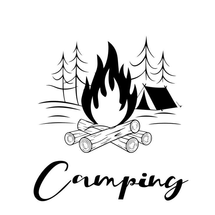 Vecteur feu de camp noir et blanc et silhouette d'arbres