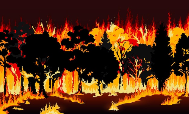 Vecteur feu de forêt brûlant des arbres et fond d'herbe