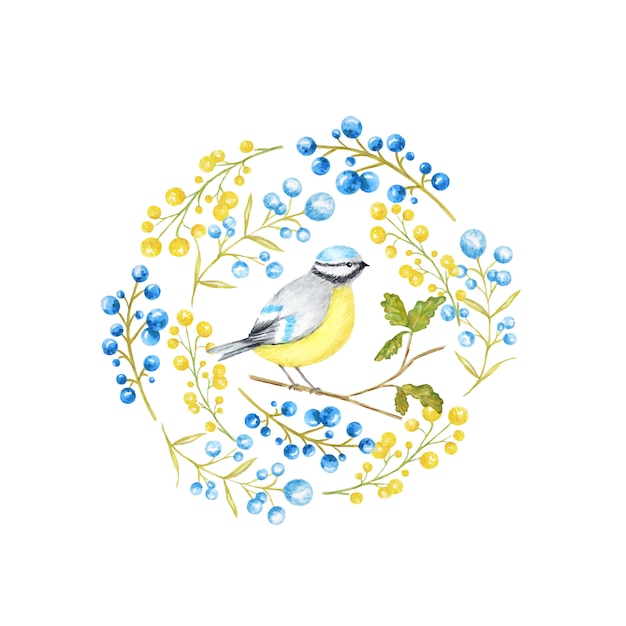 Feuille d'automne, baies et cadre d'oiseaux Tomtit isolé. BlueTit oiseau aquarelle assis sur la branche dessinée à la main.