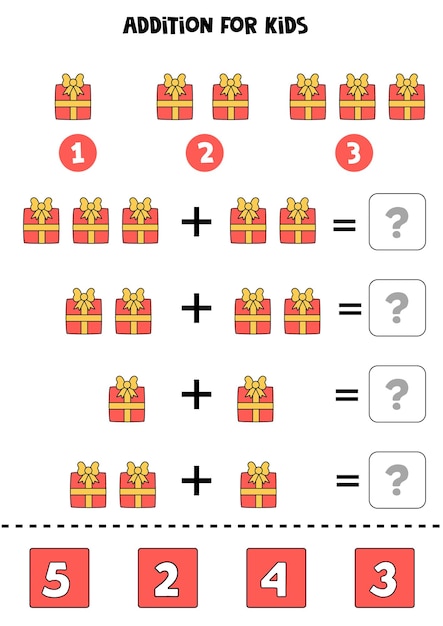 Feuille de calcul d'addition avec le cadeau de Noël de dessin animé. Jeu de maths.