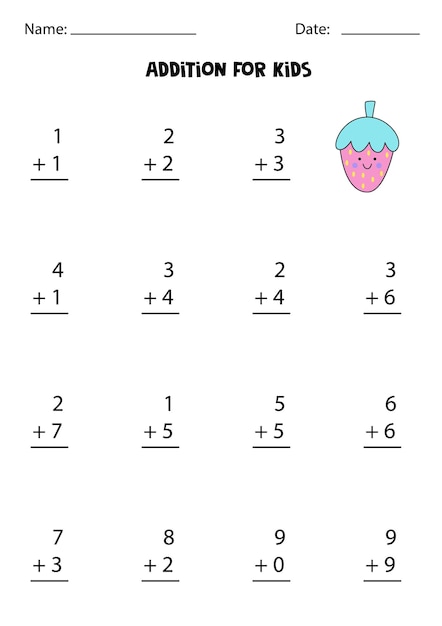 Feuille De Calcul D'addition Avec Une Jolie Fraise Kawaii. Jeu De Maths.