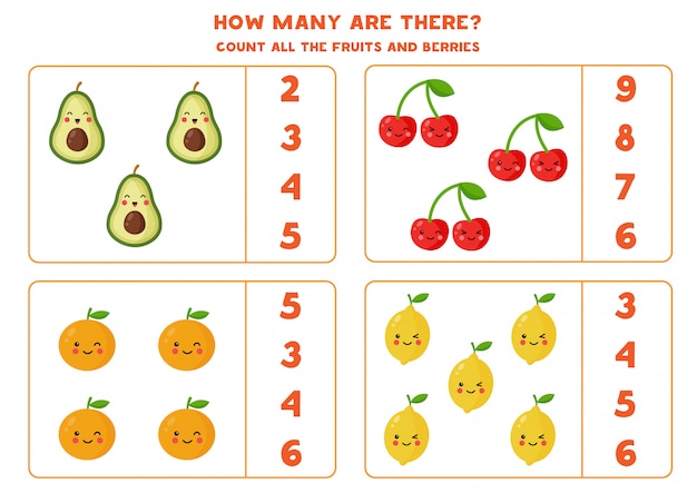 Feuille De Calcul De Comptage Avec Différents Fruits Et Baies.