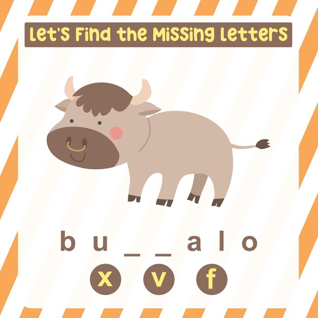 Feuille de calcul lettre manquante. Complétez les lettres des noms d'animaux en anglais. Jeu éducatif pour enfants.
