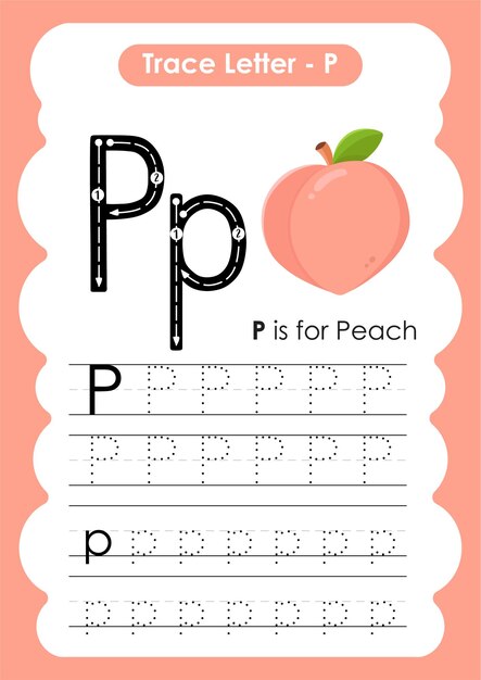 Feuille de calcul de traçage alphabet avec la lettre P Pêche