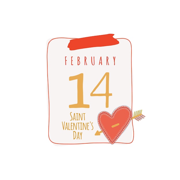 Vecteur feuille de calendrier. avec obturateur saint valentin. 14 février.