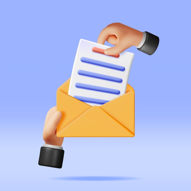 Vecteur feuille de document 3d dans une enveloppe jaune isolée