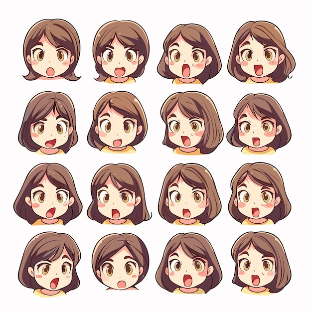Feuille d'emoji vectorielle de diverses expressions d'une jolie fille dans plusieurs poses