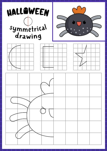 Feuille d'exercice de dessin symétrique d'Halloween Complétez l'image d'araignée Feuile d'exercice d'écriture vectorielle d'automne Activité imprimable en noir et blanc pour les enfants d'âge préscolaire Copiez l'image