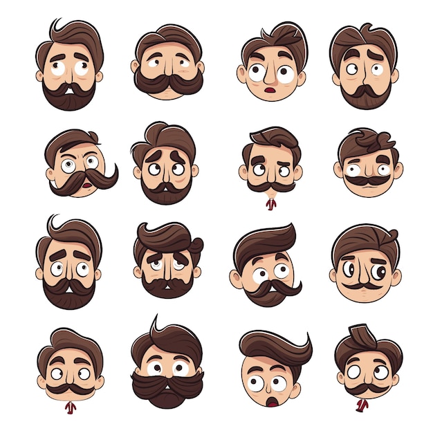 Vecteur une feuille d'icônes d'un garçon avec une moustache et une barbe avec une expression étrange.