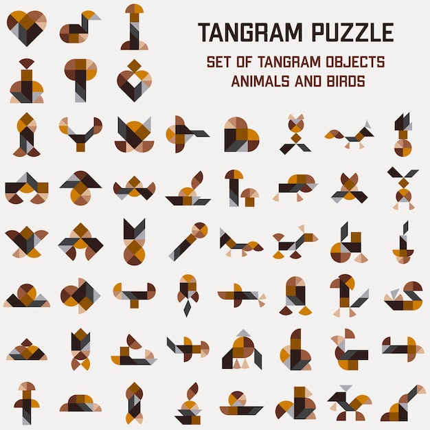 Feuille de jeu de puzzle pour enfants Schémas Tangram avec différents animaux oiseaux et objets