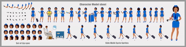 Feuille de modèle de conception de personnage de l'hôtesse afro-américaine avec animation de cycle de marche. Conception de personnage de fille. Poses d'animation avant, latérale, arrière et explicative. Jeu de caractères et synchronisation labiale
