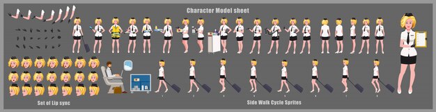 Feuille de modèle de conception de personnage d'hôtesse avec animation de cycle de marche. Conception de personnage de fille. Poses d'animation avant, latérale, arrière et explicative. Jeu de caractères avec différentes vues et synchronisation labiale