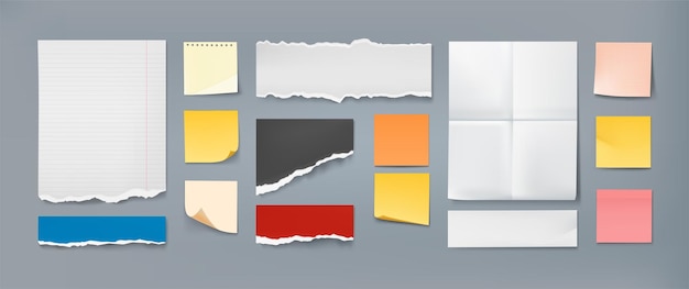 Feuille de notes Page de bloc-notes couleur réaliste avec bords déchirés Papeterie de bureau vierge Maquette de papier mémo collant Ensemble d'autocollants de notification vectorielle