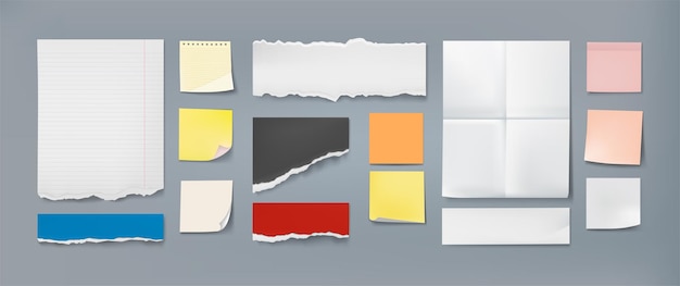 Feuille de notes Page de bloc-notes couleur réaliste avec bords déchirés Papeterie de bureau vierge Papier mémo collant Autocollant de notification illustré vectoriel mis en page d'informations en feuilles colorées