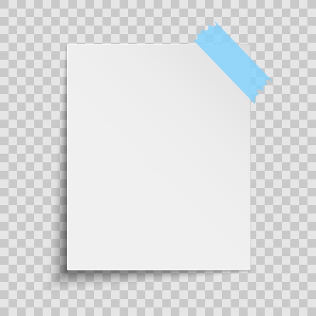 Feuille de papier blanc réaliste isolée. Ruban scotch bleu.