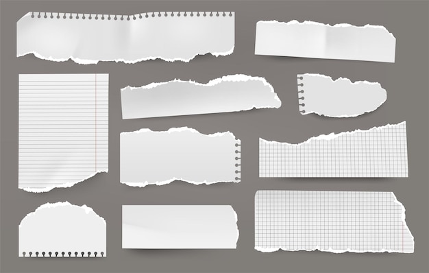 Feuille de papier déchirée Pages de mémo collantes blanches réalistes avec bords déchirés Feuilles de bloc-notes grunge déchirées avec mise en page lignée Ensemble vectoriel