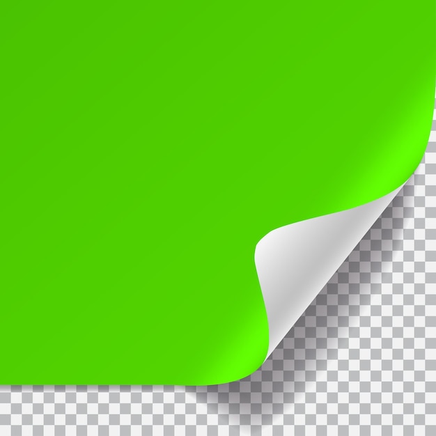 Feuille de papier vert et blanc avec coin incurvé et avec ombre sur fond transparent
