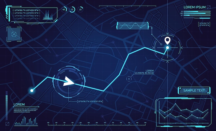 Vecteur feuille de route hud direction de la route dans la carte de navigation gps numérique à l'écran afficher les futurs itinéraires hologramme façon réseau de données emplacement de l'application de jeu pistes tableau de bord illustration vectorielle criarde