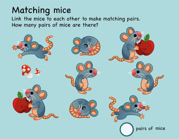 Feuille de travail d'association de souris pour les enfants Reliez les souris les unes aux autres pour créer des paires assorties
