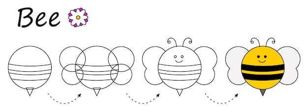 Feuille de travail étape par étape dessin abeille enfants coloriage dessiner abeille Jeu éducatif facile pour les enfants